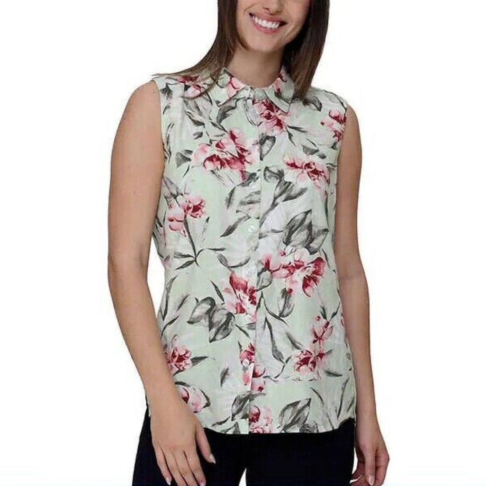 NWT Nicole Miller Women Linen Blend Sleeveless Button Down Green Sz 2XL $60 Z979